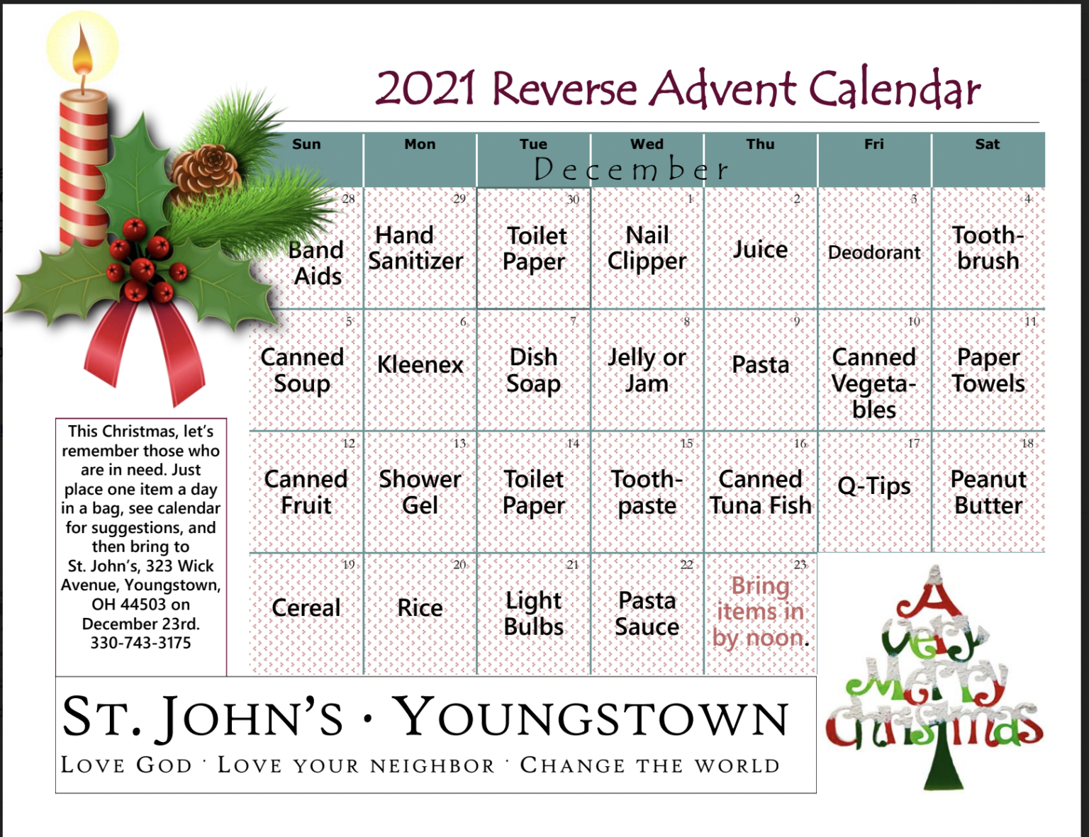 Reverse Advent Calendar Saint John's Episcopal Church